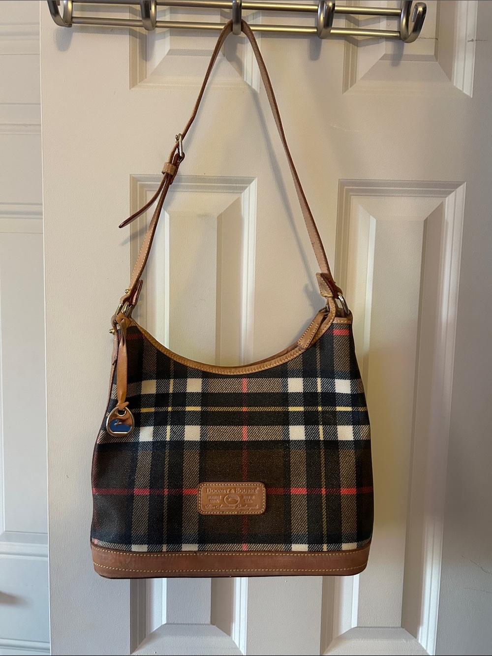 Dooney & Bourke Brown Plaid Shoulder Bag with Tan Leather Trim